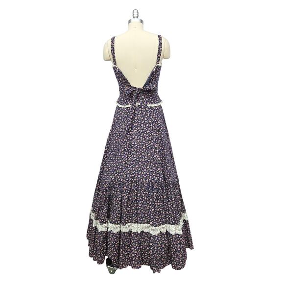 Gunne Sax Peplum Corset Maxi Dress Size XS 7 Navy Floral Vintage 70s Prairie - Picture 8 of 9